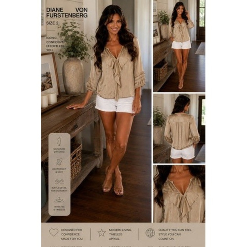 Diane von Furstenberg Women Size 2 Jael Silk Blouse Champagne Gold Ruffle V-Neck